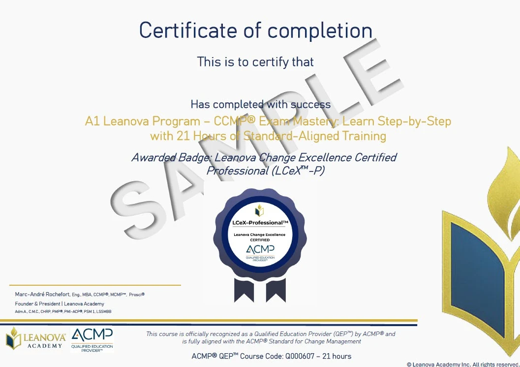 Sample of the Leanova Academy certificate of completion for the 21-hour CCMP course, with the LCeX-Professional badge, the QEP course code Q000607 and the SAMPLE watermark.